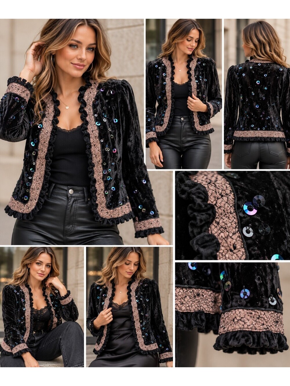 ANAGE Black Velvet Sequin Jacket Women’s Small Y2K Glam Victorian Goth